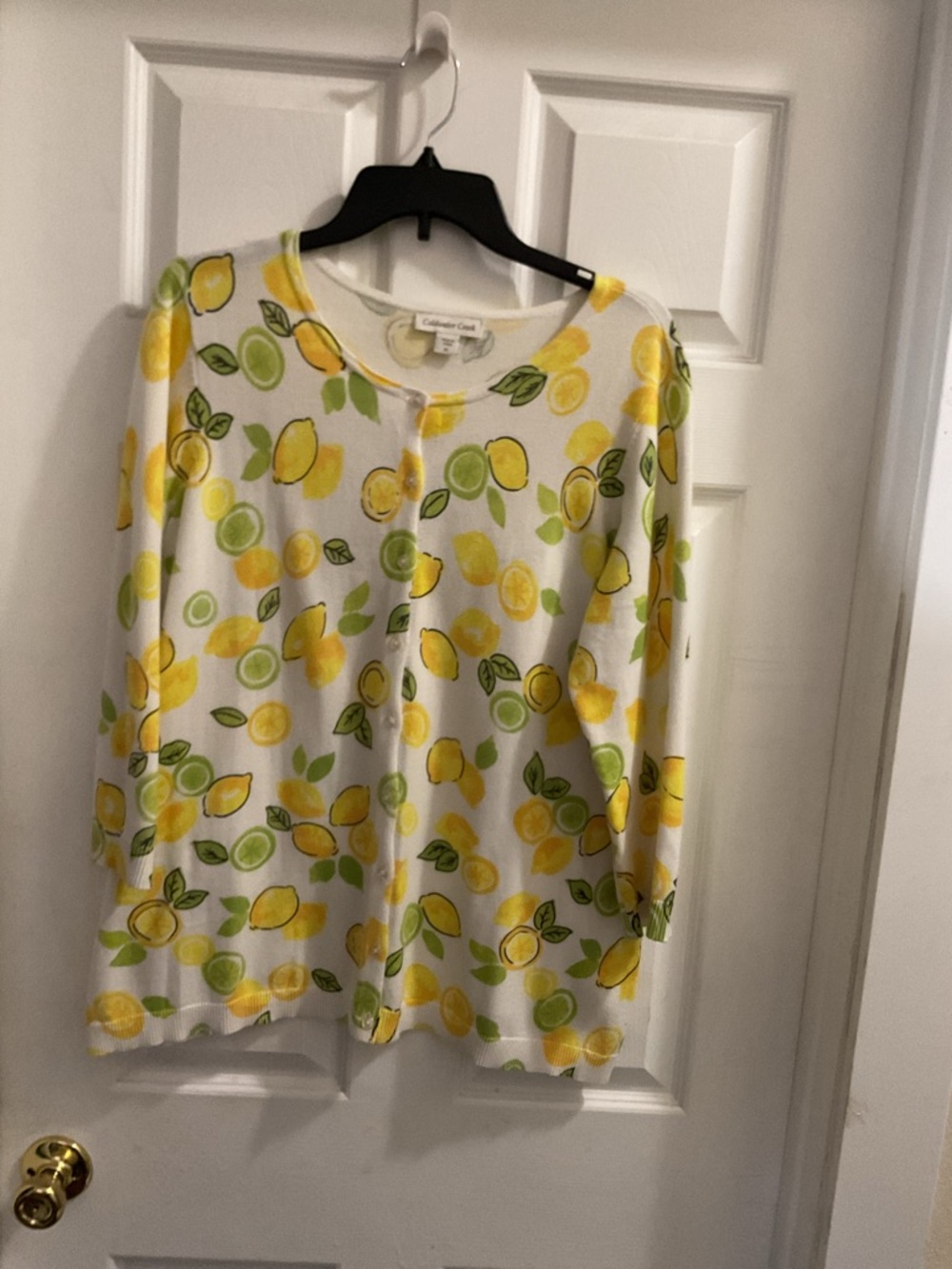 Coldwater Creek Lemon Print Crewneck Cardigan - Yellow/Green